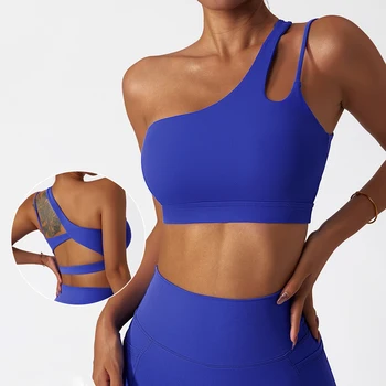 Nude Feel Sport Bra Gathered Shockproof Support One Shoulder Irregular Design Built In Bra Yoga Top