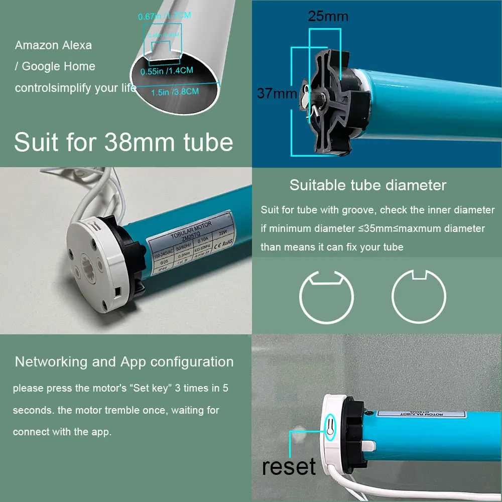 Motor Tubular Roller Curtain 25mm Tuya App Rf Voice Timer Control Wifi