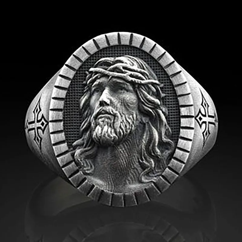 Men's Jesus avatar Antique Silver Ring Oval Christian Cross Religious Ring