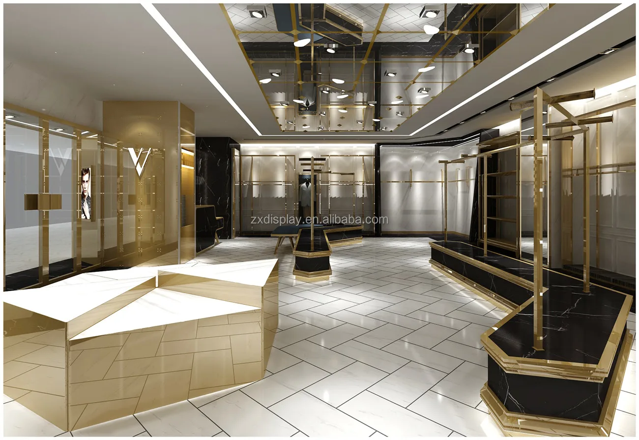 Customized Clothing Store Fixtures Metal Garment Golden Display Rack For Clothing Shop Interior