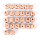 Custom 10mm 12mm laser engraved dice Wood Color Beech Square Cube Wooden English Alphabet Letter Beads with Hole
