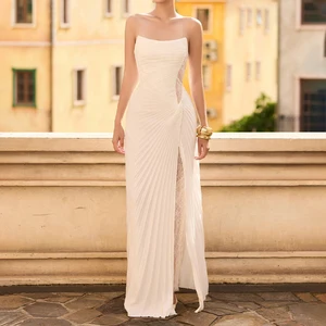 ZYHT 73512 Factory Custom Satin Lace Evening Long Elegant Party Dress Backless Strapless Sexy White Pleated Dresses for Women