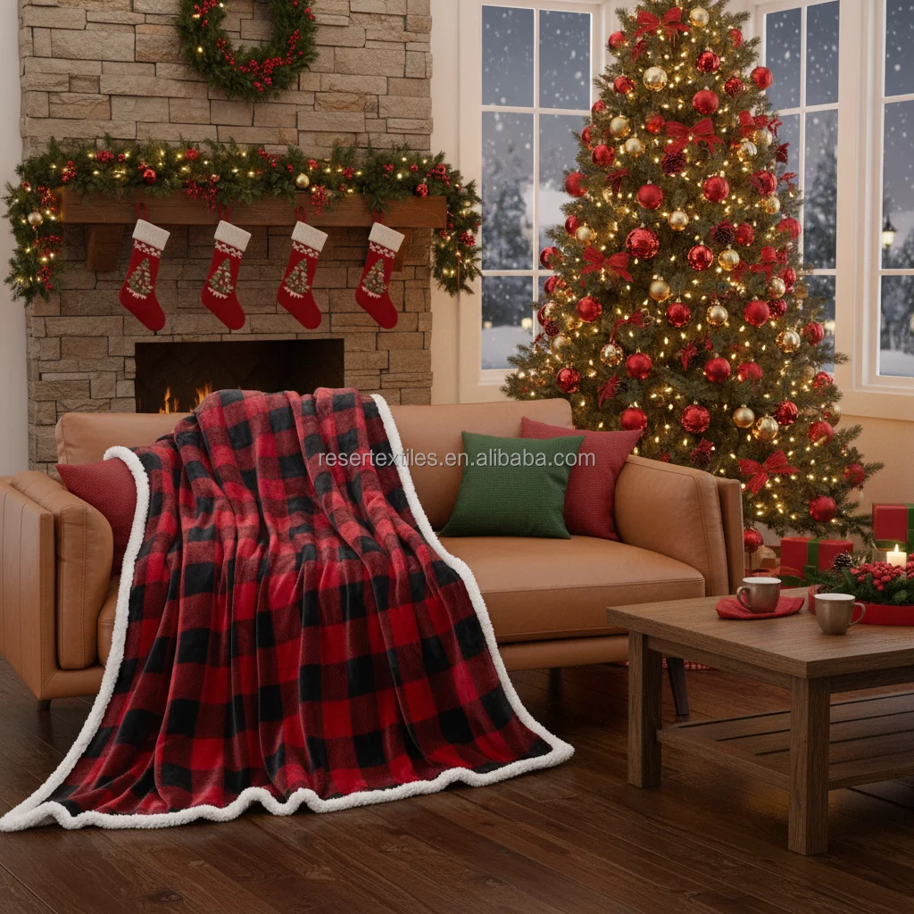 Christmas Deer Design Modern Sherpa Flannel Fleece Throw Blanket Knitted Eco-Friendly Anti-Pilling Fluffy Couch Bed Sofa Cozy