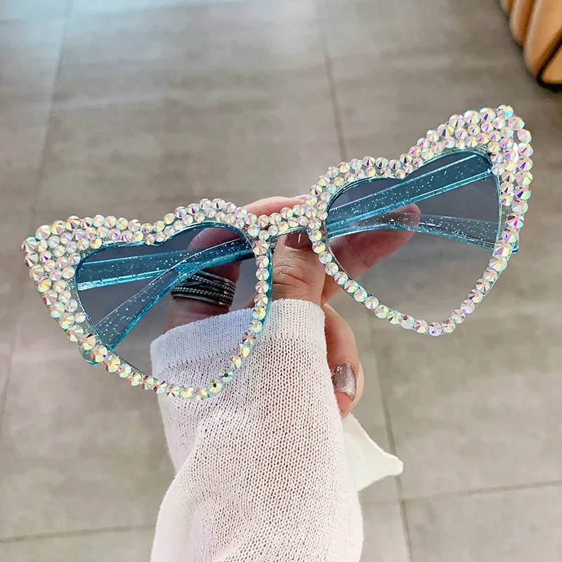 Rhinestone Sun Glasses Shades Diamond-studded Heart Sunglasses Pink Bling  Cat Eye Women Sunglasses