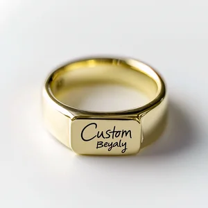 Minimalist Square Yellow Gold Ring for Women New Engraved Message Jewelry Trendy 9k 14k 18k Water Resistant Gold Ring Gift