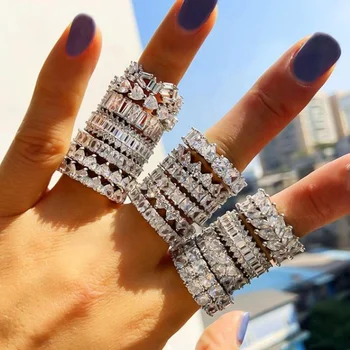 Trendy CZ Stone Big Rings S925 Silver Jewelry Iced Out Cubic Zirconia Hip Hop Bling Diamond Wedding Ring Set for Men Women 2022