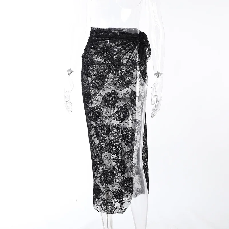 European Style Mesh Design Long Sleeve Black Dress Set 2022 Sexy Girl off Shoulder Tight Waist See Through Lace Dresses