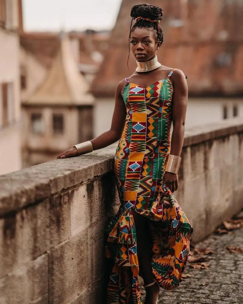 Traditional African Kente Print Spaghetti Strap Dress for Women - Ziyang  Apparel African Ethnic Pattern High-Low Dress
