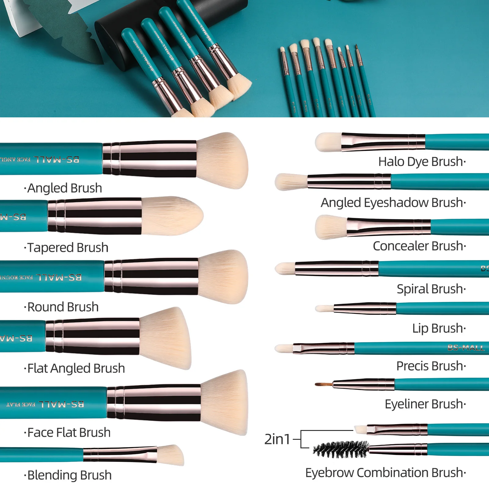 Bsmall Green 14pcs Make Up Brushes High Quality Professional Synthetic Makeup Brush Set Custom