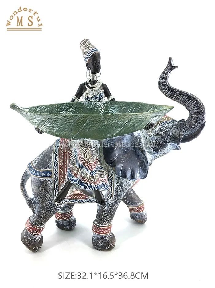 Black African woman statue with animal elephant gold lady figurine candle holder fruit candy plate resin craft gift