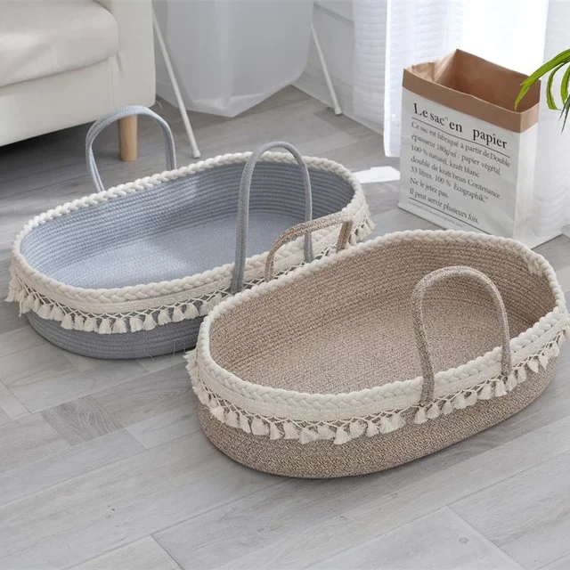 Tassel  Design Portable Foldable Washable Baby Sleeping  Basket  with Cotton Rope Handle Braided Fabric for Amazon Sale