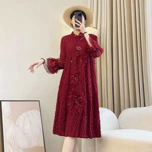 Miyake Chinese Style Retro Casual Red Dress with Beaded & Rhinestone Embellished Ruffled Hem Design Pleated Women's Midi Dress