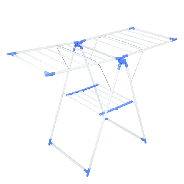 Modern Outdoor Portable Iron Cloth Drying Rack Double Tiers with Flexible Wings Foldable Standing Type for Shoes and Bedding