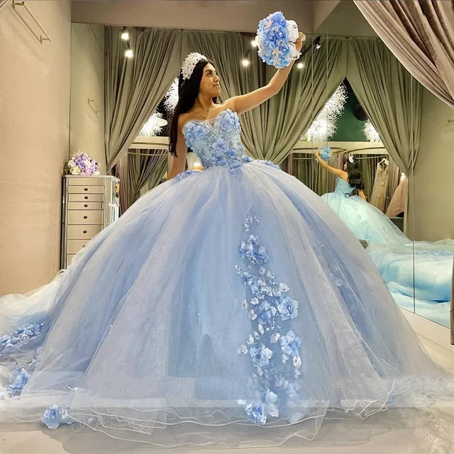 Mumuleo Skly Blue Ball Gown Prom Dress Quinceanera Dress Sweetheart Beaded 3D Flowers Formal Dresses vestidos de 15 quinceanera