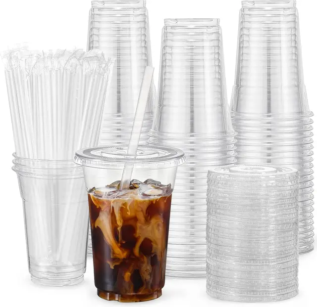 16 oz Clear Disposable Plastic Cups With Flat Lids for Iced Coffee Smoothie Milkshake Cold Drinks