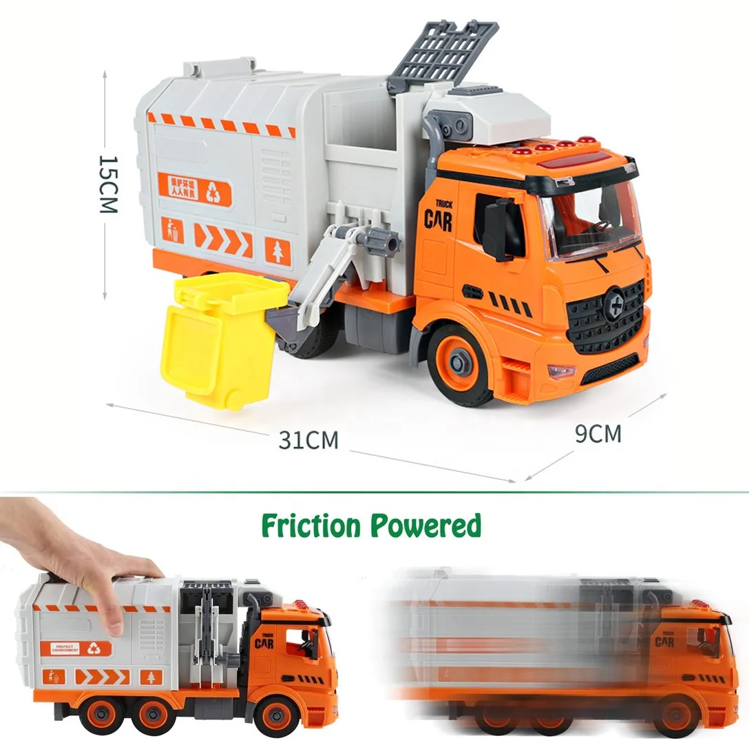 Scale 1/12 Assembly Friction Powered 4 Buttons Light and Music Big Size Garbage Truck STEM Vehicle Toys for Kids