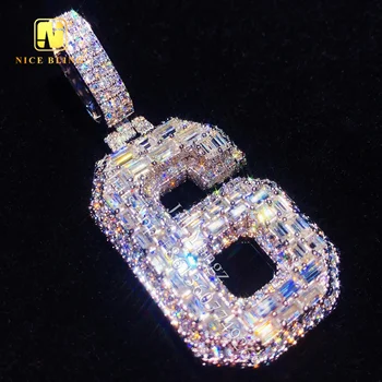 Customer Jewelry Maker Custom Number Pendant 6 Baguette Diamond Moissanite Pendant Iced Out Jewelry Cuban Chain Hip Hop Rock