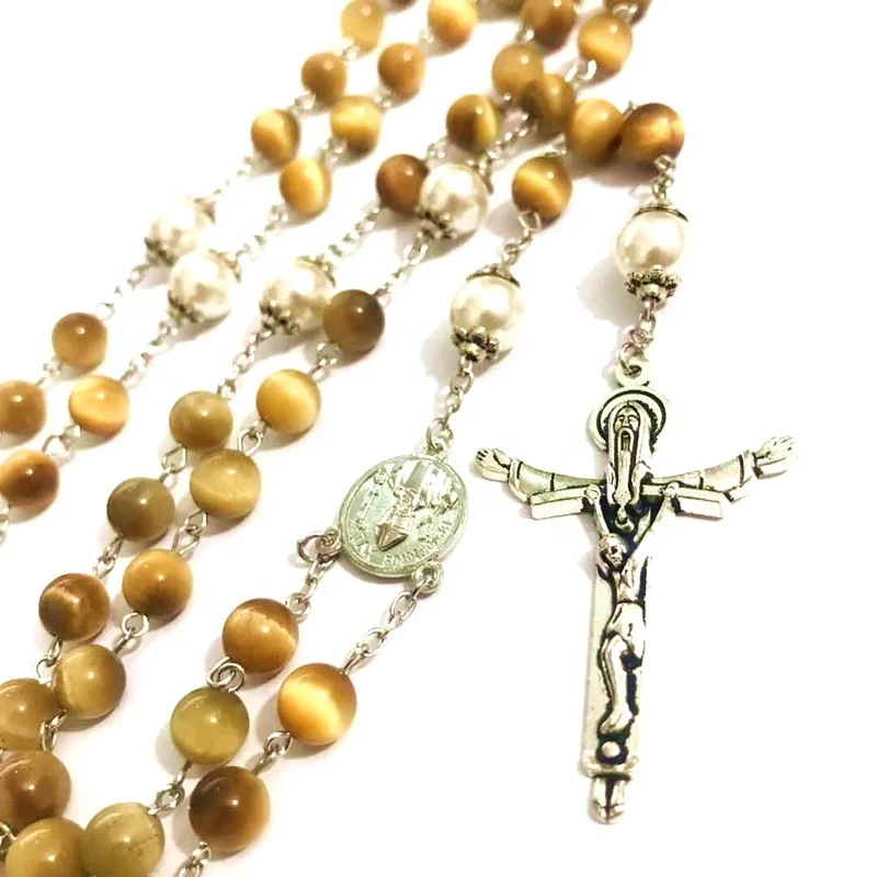 Rare 8MM Yellow Tiger Eye Jade Beads Rosary Cross CRUCIFIX CATHOLIC NECKLACE