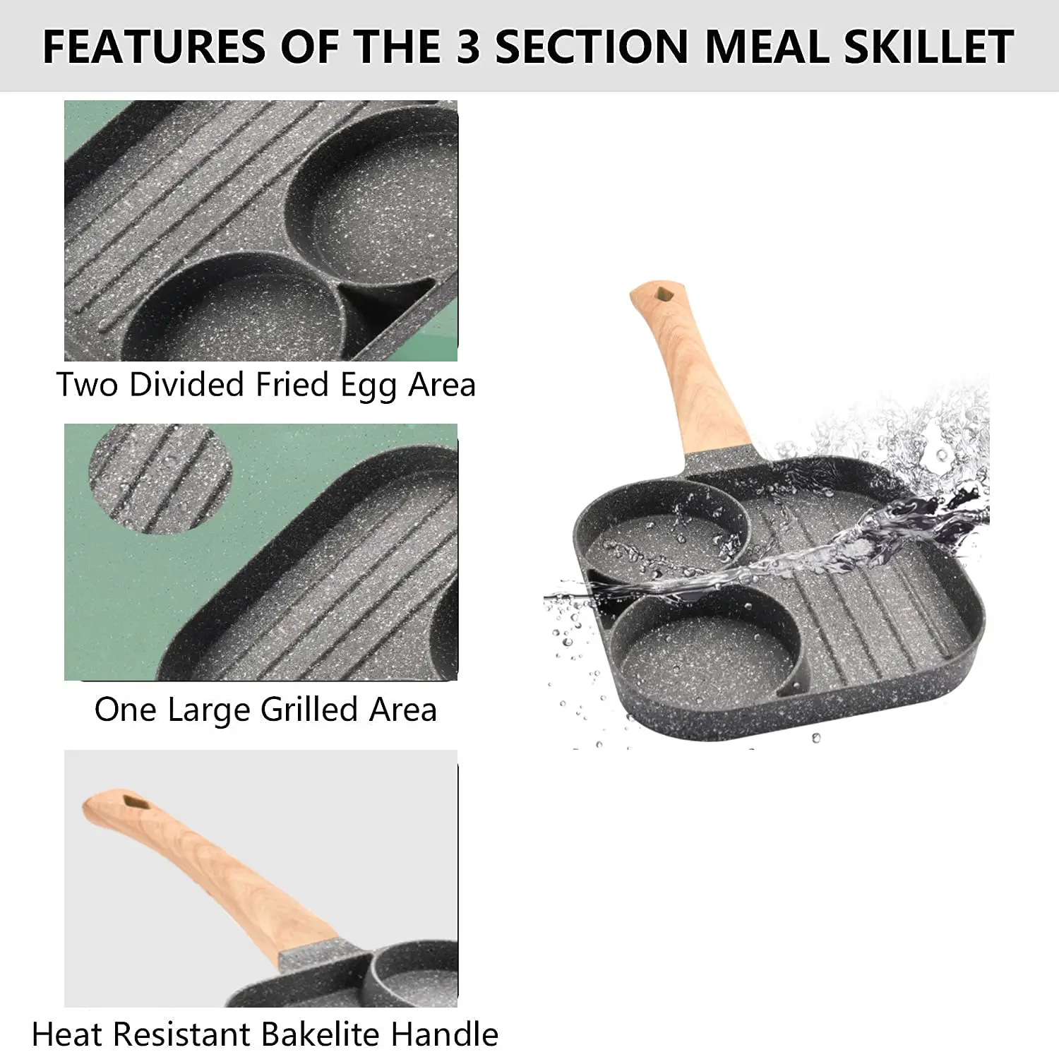Breakfast Frying Pan, Divided Grill Frying Pan 3 Section Divided