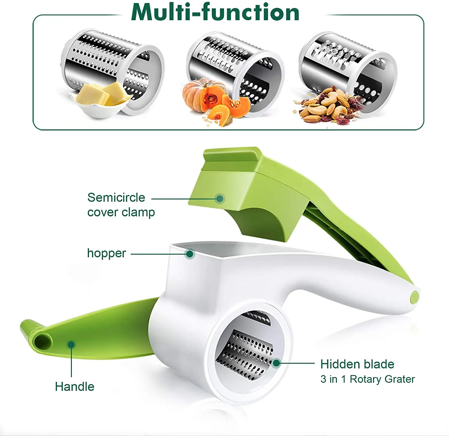 Rotary Cheese Grater Manual Handheld Cheese Grater with Stainless Steel Drum for Grating Hard Cheese Chocolate Nuts Kitchen Tool