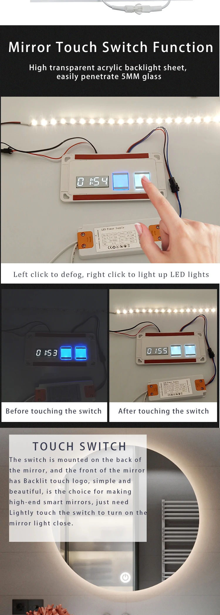 Free Sample Defogger 12v 3a 36w Smart Automation Single Color Switch Led Mirror Touch For Mirror With Time Temperature Display manufacture