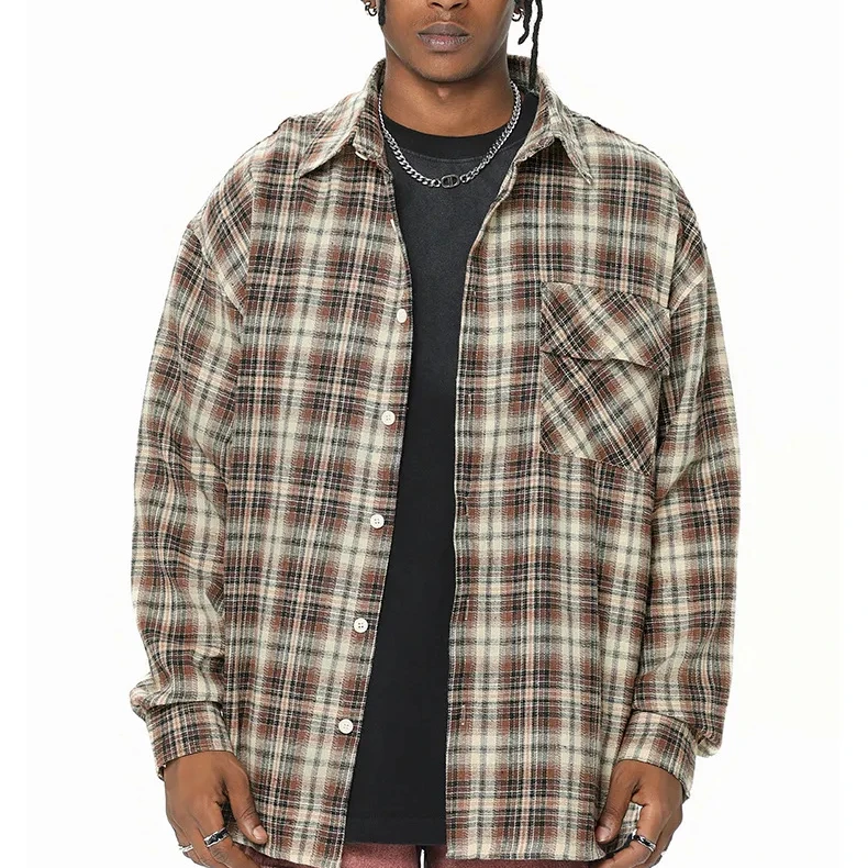 OEM Manufacturer Custom High Quality Men's Shirts Oversize Plaid Printed  Shirt Casual Loose Lapel Flannel Flano Shirts for Men