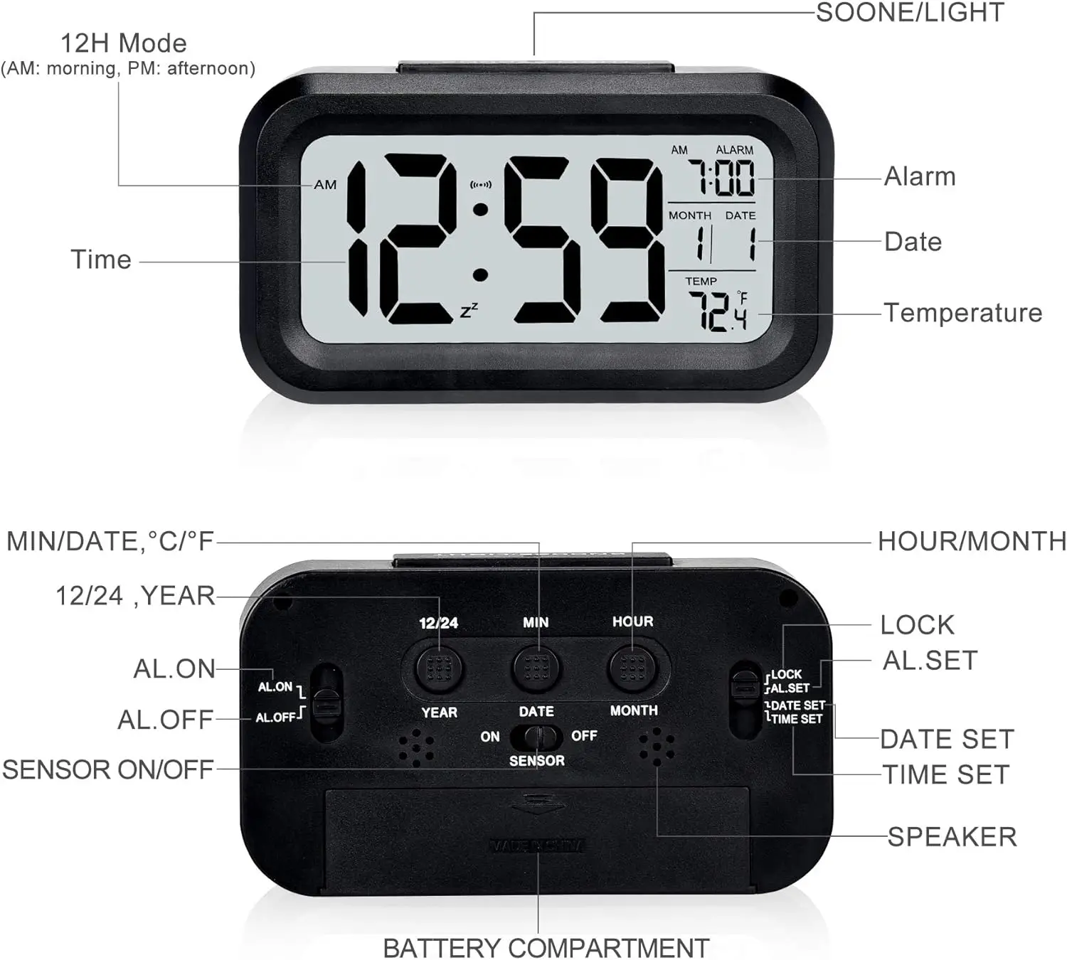 Home Decor LCD Digital Clock Large Display Calendar Date Time Temperature Led Table Desk Clock Smart Night Light Alarm Clock