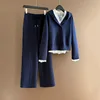 Royal blue top + lace vest + pants-three-piece set