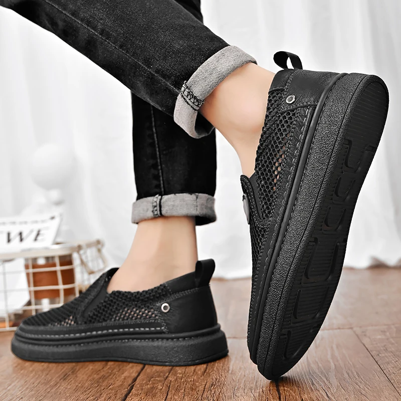 OEM Service In Ready Stock Genuine Leather Mesh Breathable Upper Men Summer Casual Loafers