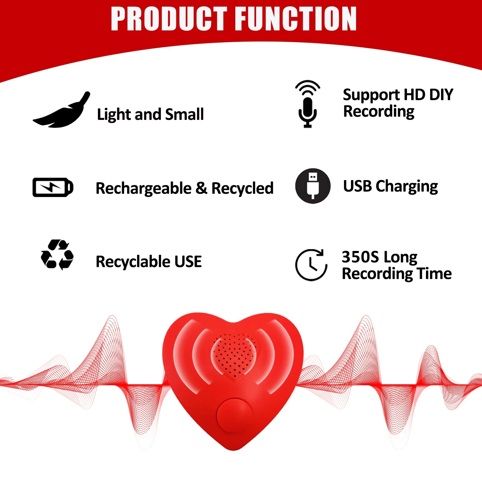350s Heart-Shaped Real-Time Recording Module Customizable Music Sound Box Speaker DIY Voice Recorder for Stuffed Animals Gift