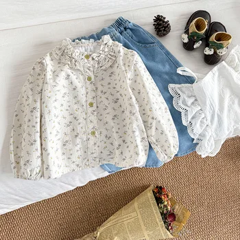 Girls Korean style 2024 autumn baby shirts new rural versatile cute round neck kids clothing pleated small floral girl top