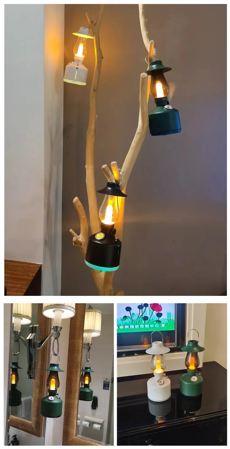 Air Humidifier with LED Light Camping Lamp Aromatherapy Diffuser USB Chargeable Retro Kerosene Lamp Humidificador
