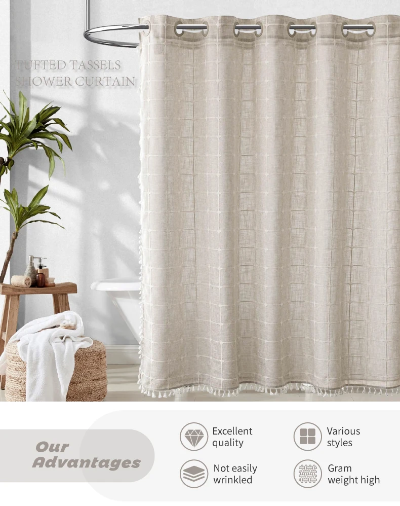 Modern Farmhouse Waterproof Hookless Boho Linen Fabric Checked Shower