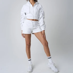 Custom Logo Women's Cropped Ruched Long Sleeve Hooded Zip Hoodie Shorts Set Lady Hoodie Elastic Waist Solid Color Tracksuit