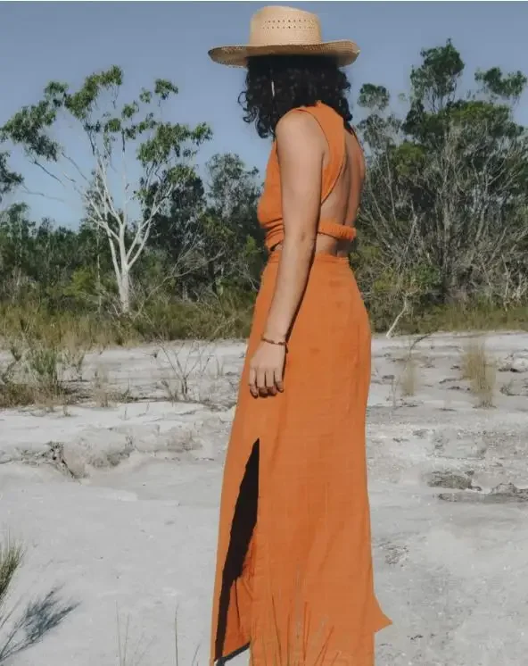 Sexy Undefined Triangle Backless Maxi Dress Crew Neck Sleeveless Side Slip Cotton Linen Women Long Dress