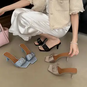 French Style Thin - Heeled slippers Wearing Temperament square - Toed High - Heeled Cool slippers