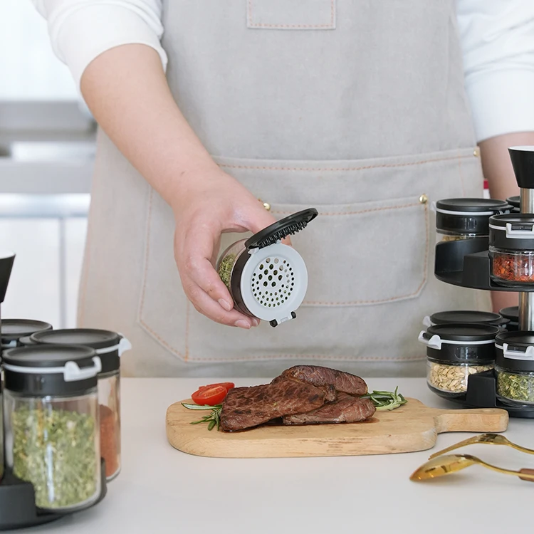 Черный Регулируемый органайзер для приправ вращающаяся стойка специй из нержавеющей стали со стеклянной бутылкой соли и перца в шкафу