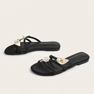 BUSY GIRL CXX131 Flat Sandals for Women Black Women's Slide Sandals with White Satin Rose Comfortable and Elegant for Summer