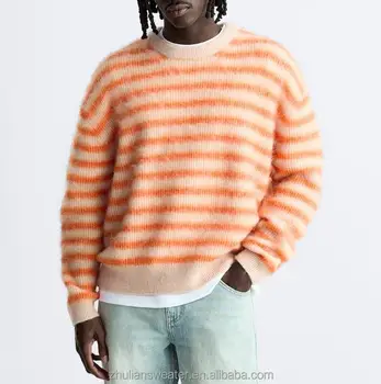 Custom Casual Sweater Crew Neck Long Sleeve Striped Jacquard Mohair Sweater for Men