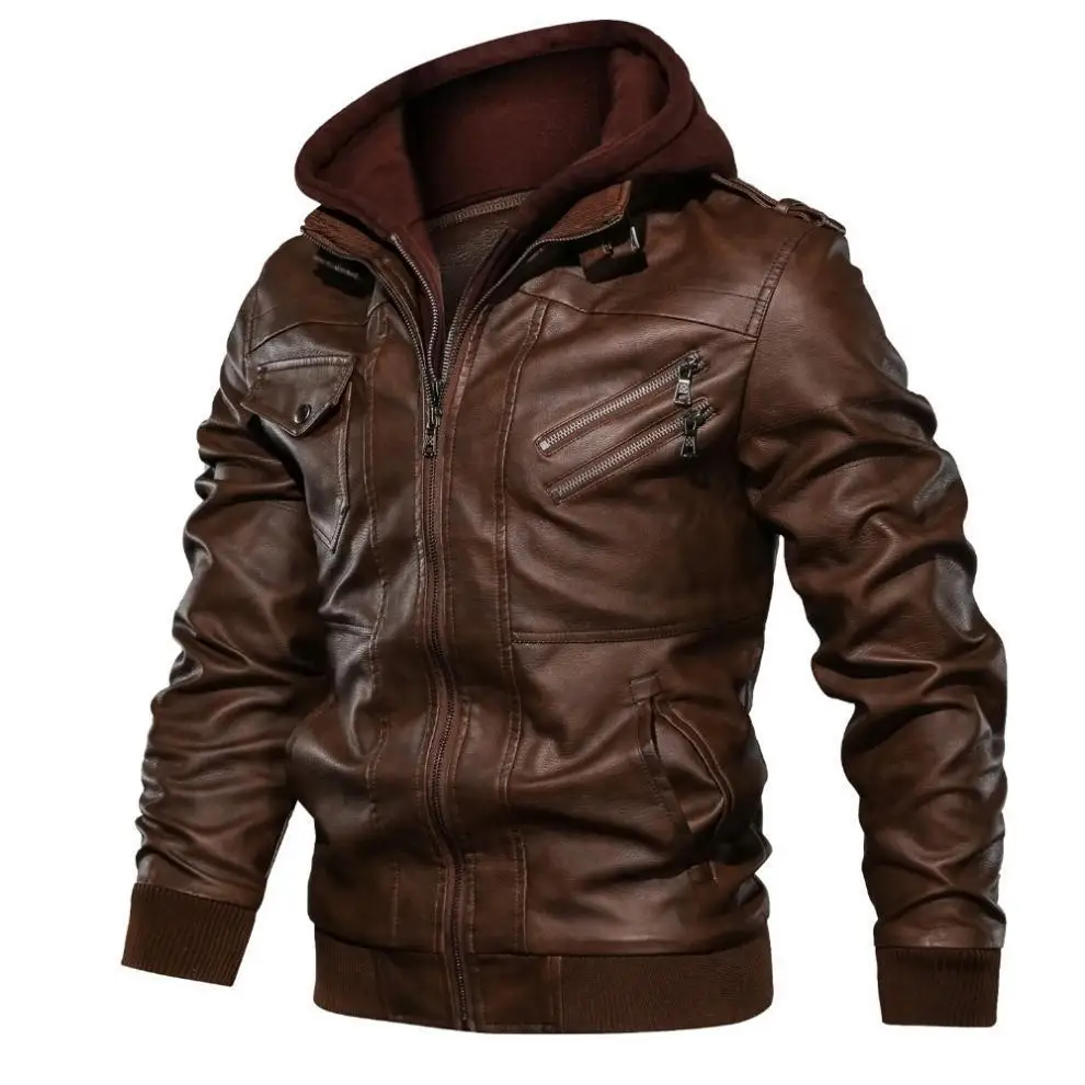 Leather Men's Double Zip Hooded Biker Leather Jacket Detachable Coat ...