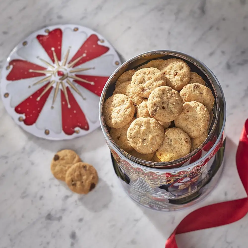 New Christmas large luxury food grade cookie biscuit sweet tin can empty kids gift metal round musical tin box factory