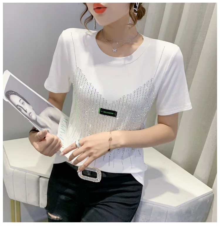 Fashion Rhinestone T Shirt Short Sleeve Women's 2021 Summer Crew Neck ...