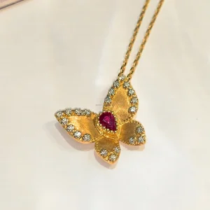 18K Solid Gold Butterfly Diamond Pendant Necklace Lab-Grown Pear-Shaped Ruby Vintage Engagement Gift for Women's Wedding Party