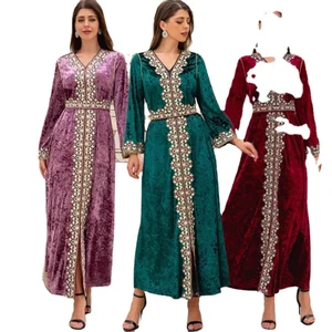 Wholesale New Middle Eastern Muslim Women Robe Long Sleeve V-neck Embroidered Dress