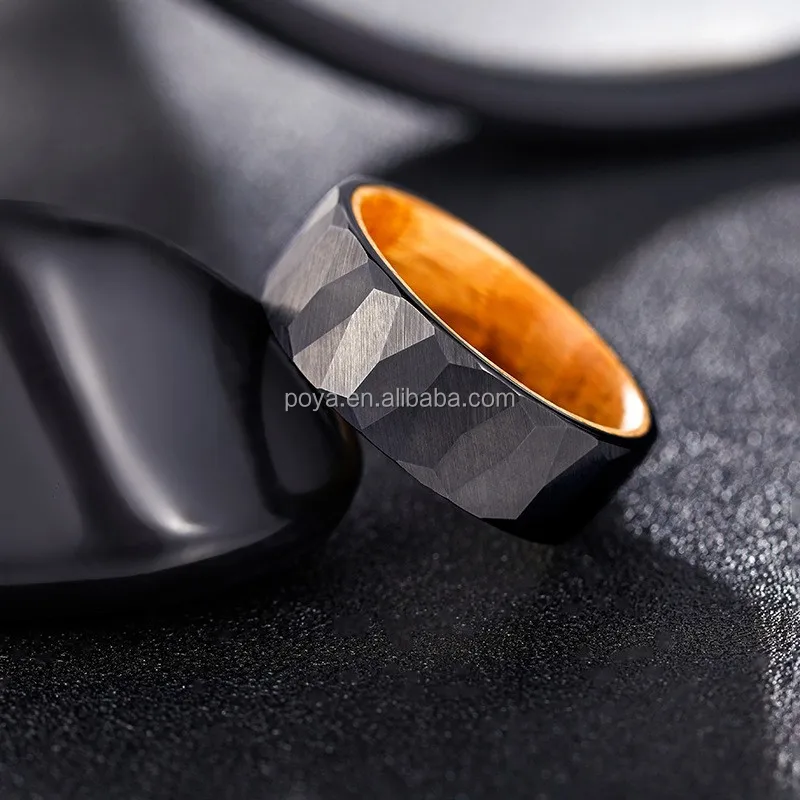 POYA Black Tungsten Hammered Ring Whiskey Barrel Oak Wood Man Rings 8mm for Gift