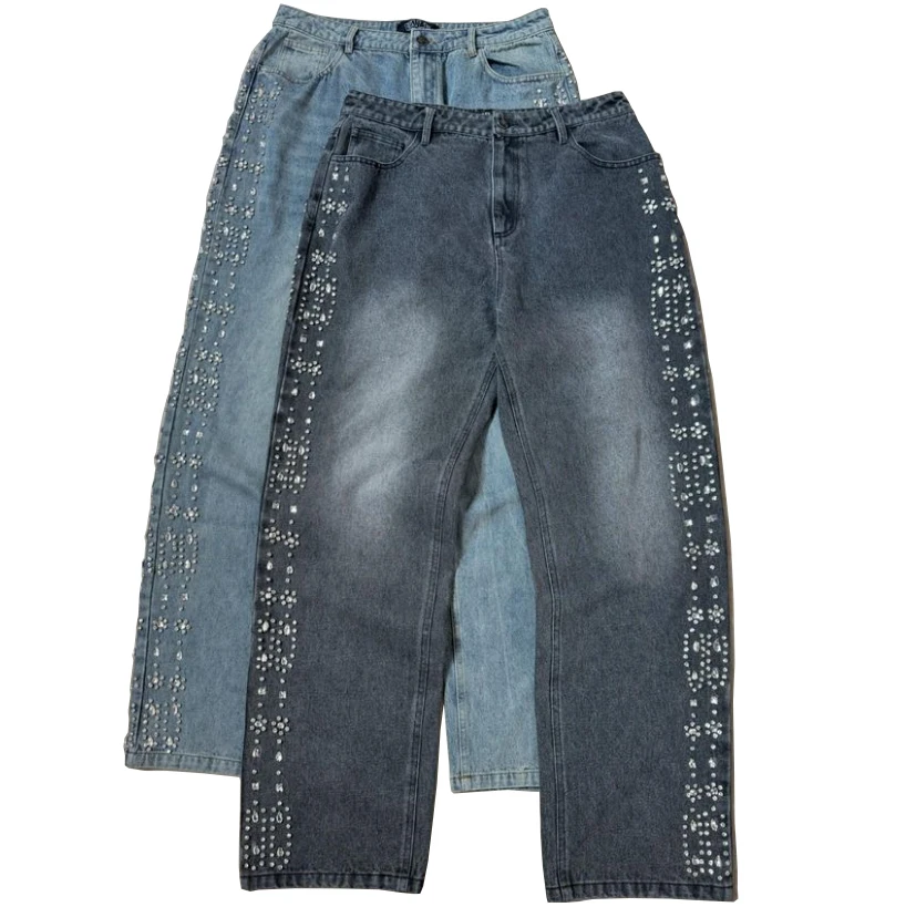 High Quality Custom Men's Street Wear Vintage Zipper Fly Metal Studs  Rhinestones Denim Jeans Crystal Vintage Washed Jeans