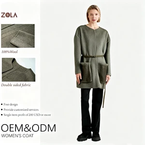 Customizable Size Plush Grey Woven Coat with Detachable Belt Round Neck Pocket Breathable Dyed Feature