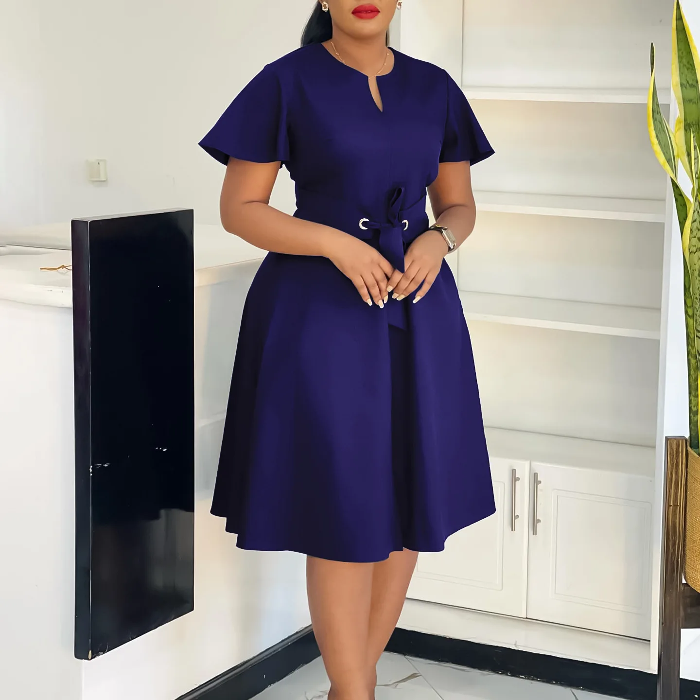 Trendy Summer Dresses Women Casual Elegant Solid Color O-neck Short Sleeve  Lace up Ladies Office Dress for Women