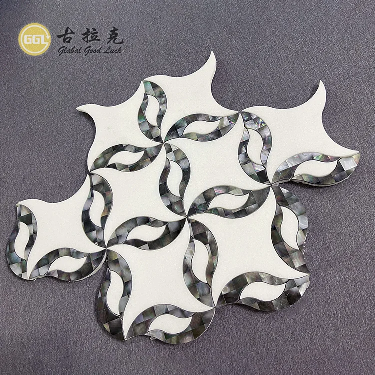 Black Lip Shell Mix White Marble Waterjet Mosaic Tiles Bathroom Wall Mosaic supplier