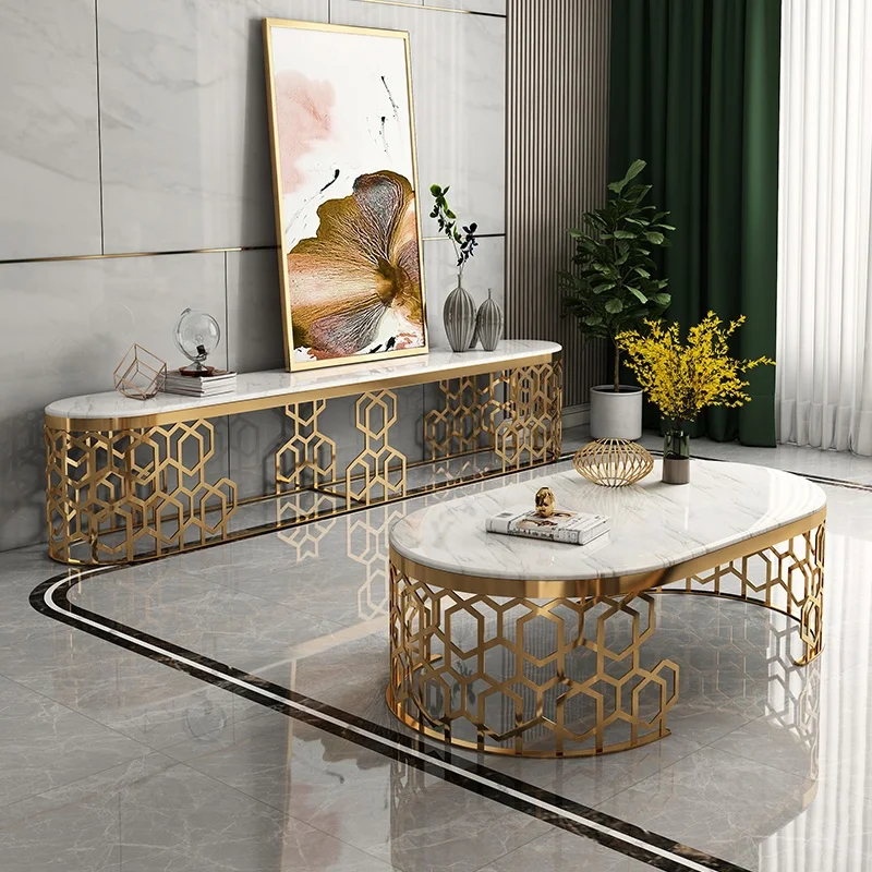 Living Room Furniture Marble Coffee Table Luxury Tv Stands Gold Metal Modern Center Table Tv Table Tv Unit Tv Cabinet for Home